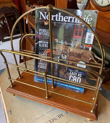 Edwardian Brass & Mahogany Magazine Rack
