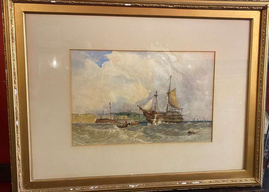 G Wilkin Watercolour "Shipping Off A Port" 1874
