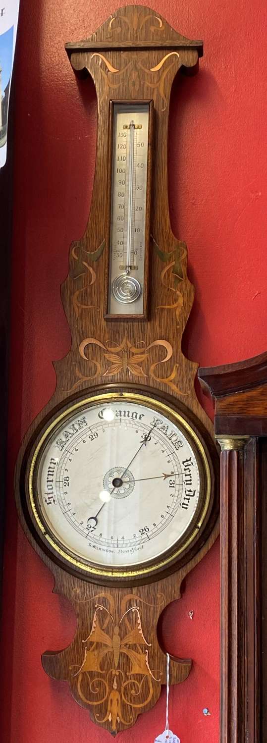 Edwardian Banjo Barometer With Butterfly Inlaid Detailing