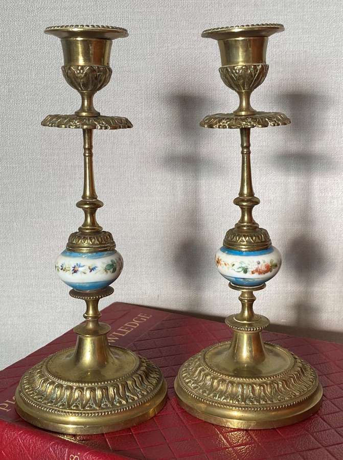 19th Century French Porcelain Mounted Gilt Brass Candlesticks