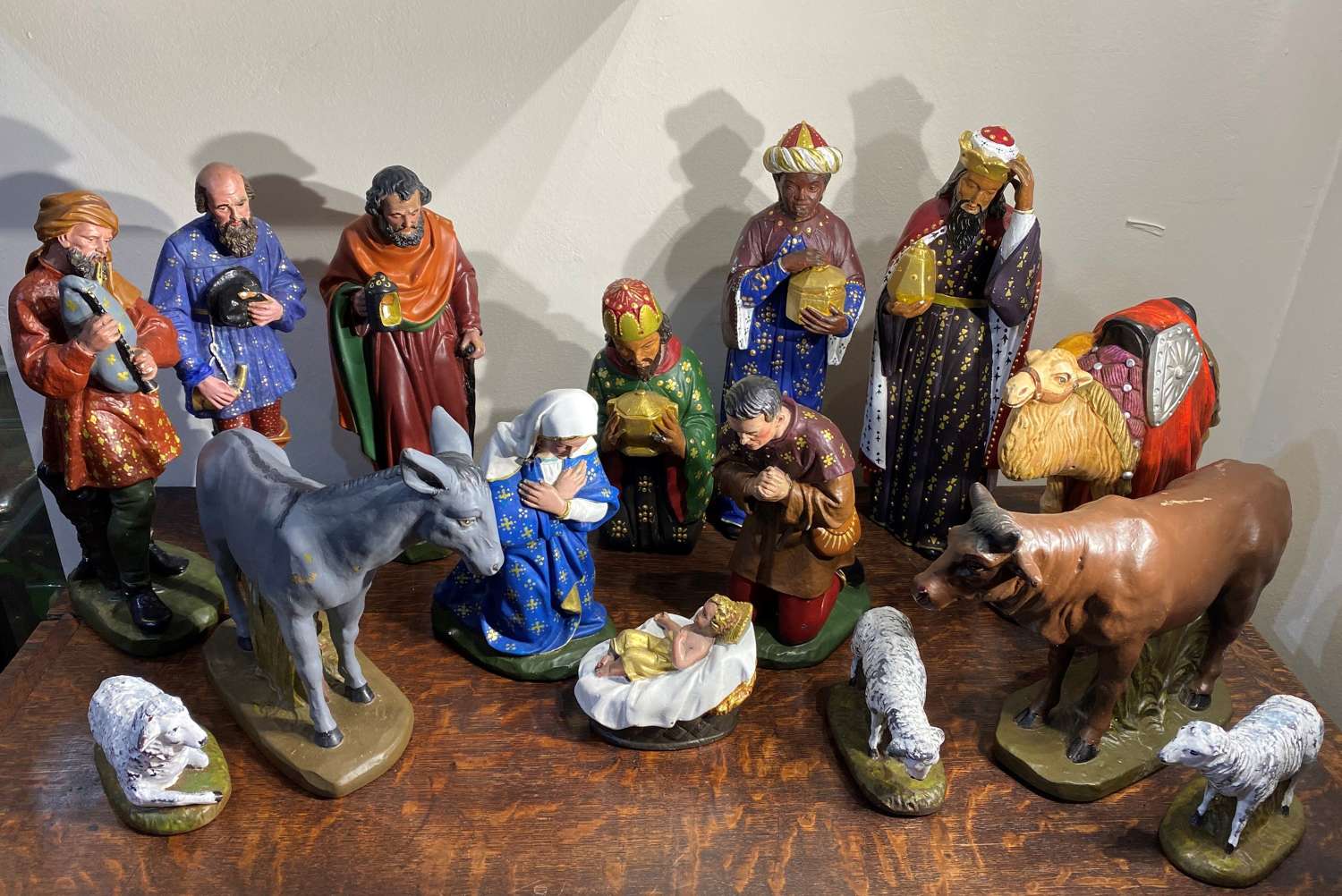 Large Fifteen Piece Hand Painted Plaster Nativity Scene