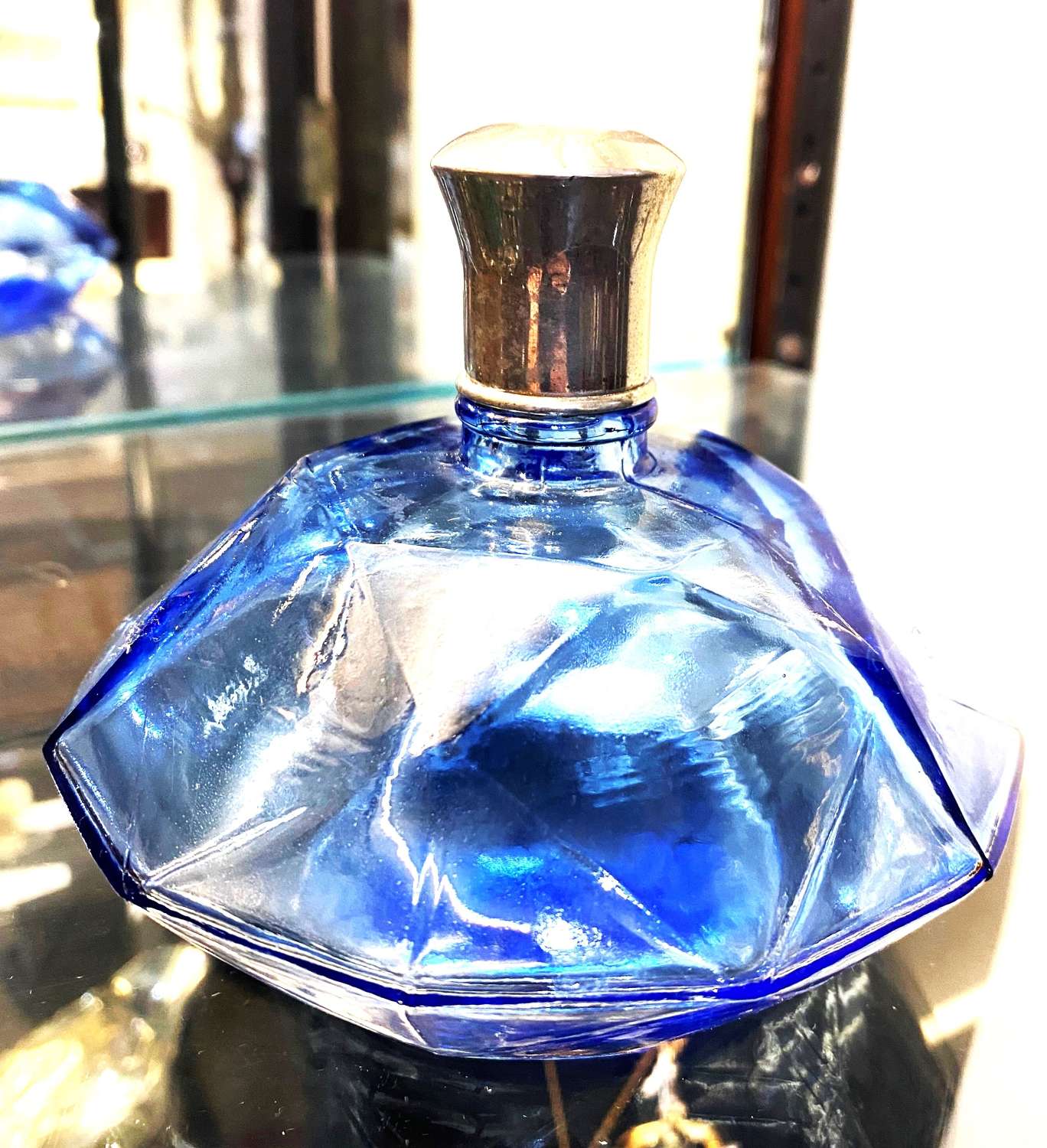 Antique Silver Topped Blue Glass Perfume Bottle