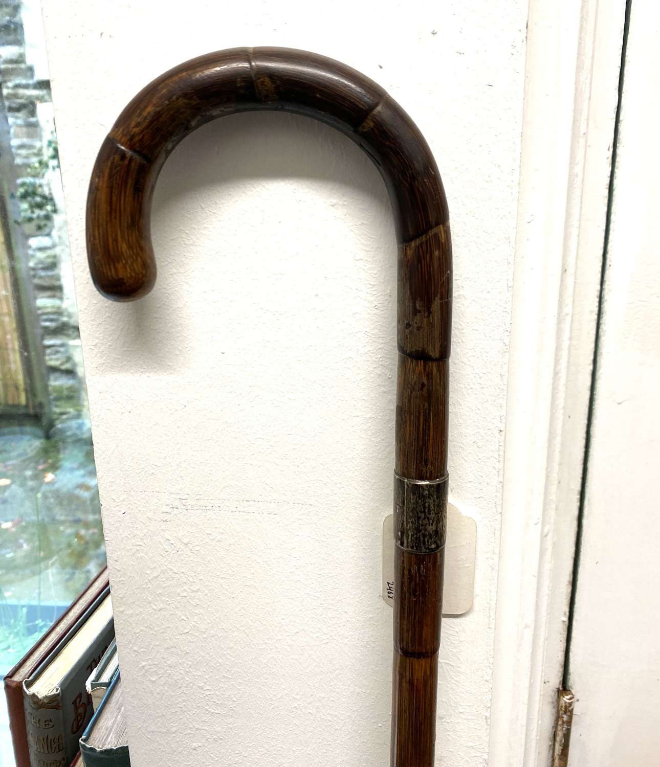 Antique Bamboo Walking Cane With Silver Collar