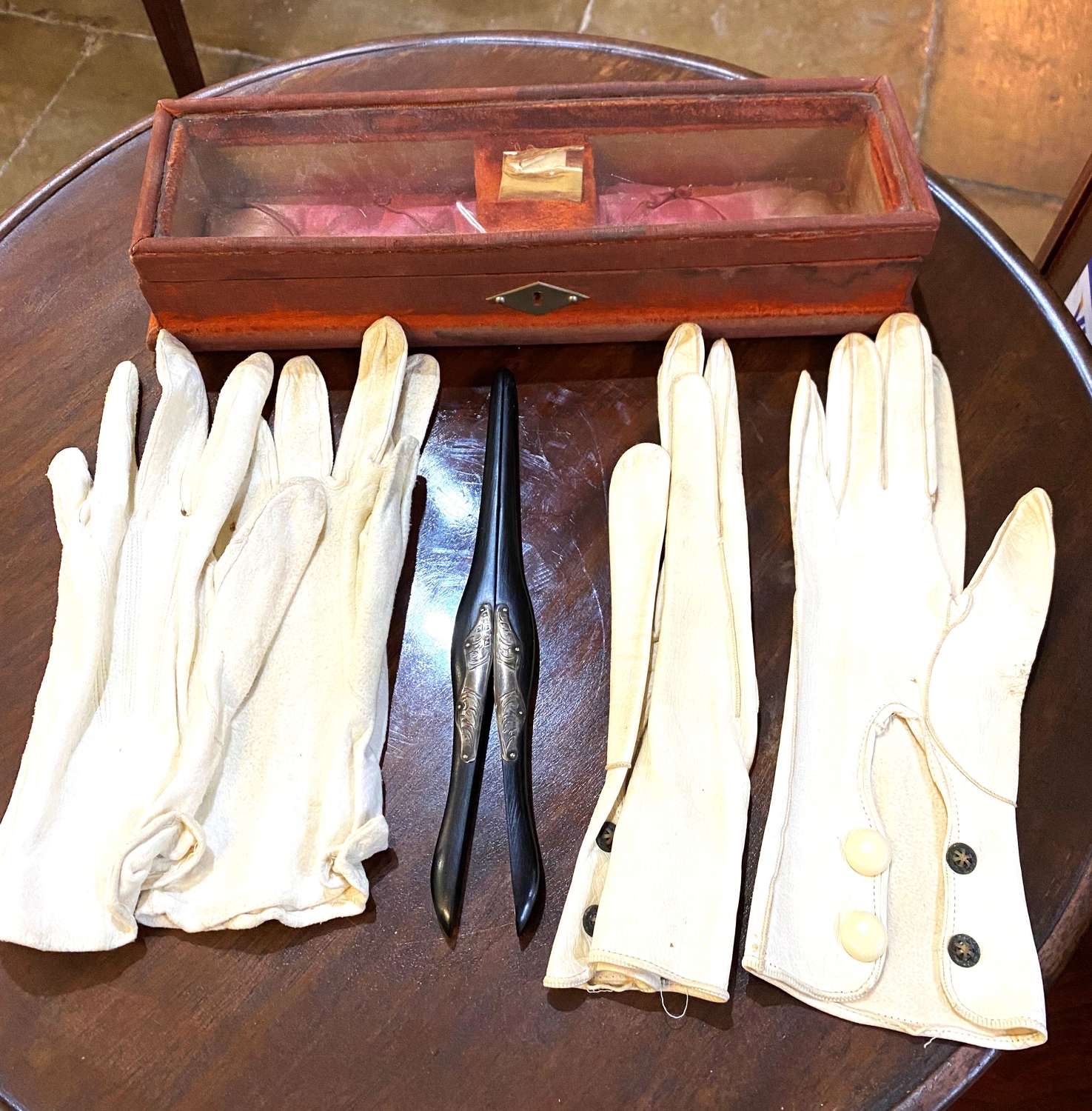 Victorian Silvered Glove Stretchers, Gloves & Box