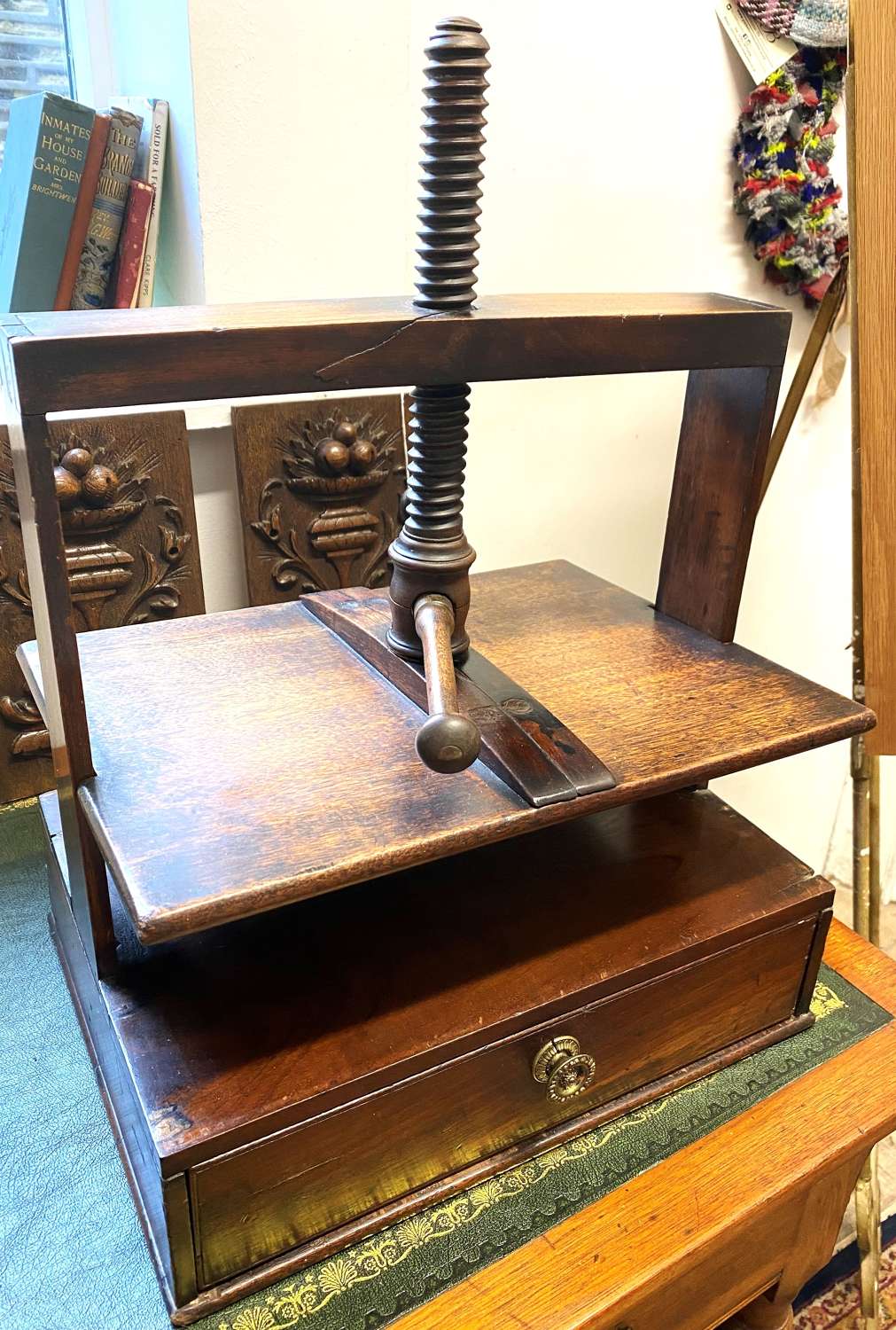 Victorian Oak Book Press With Drawer