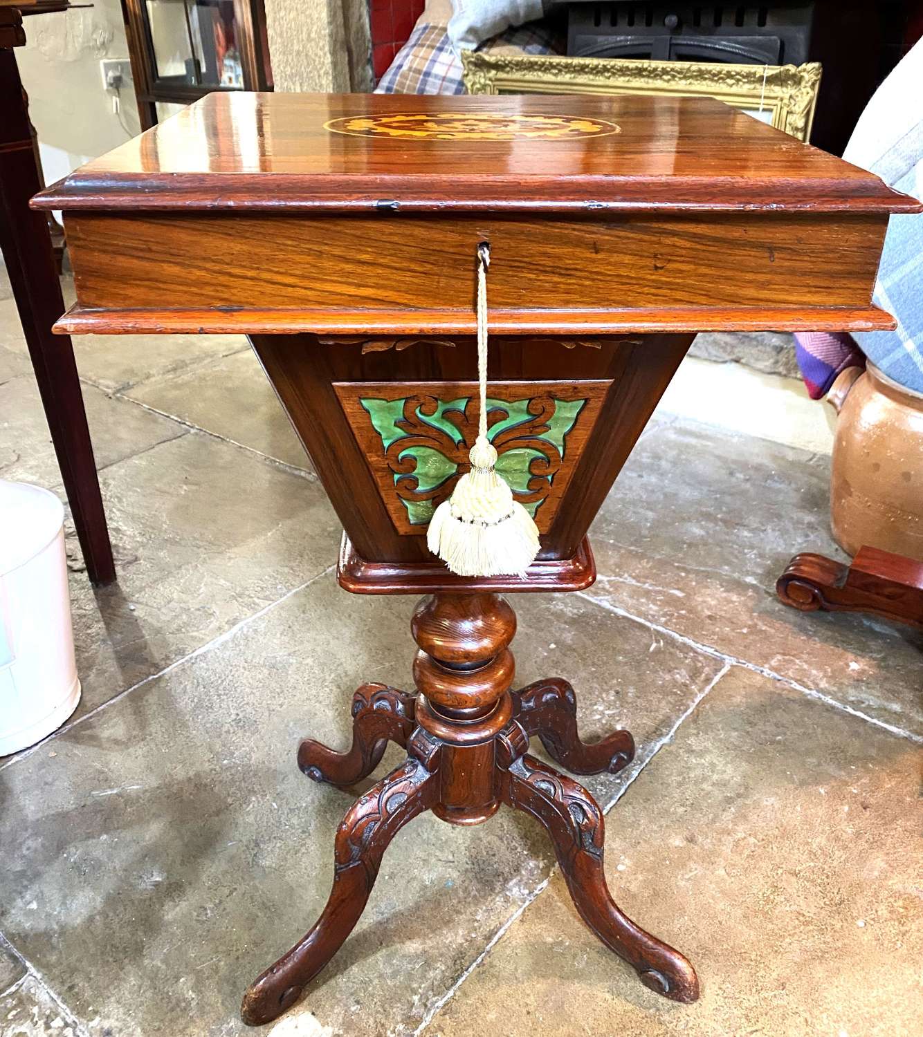 Quality Victorian Walnut Inlaid Tripod Sewing Table