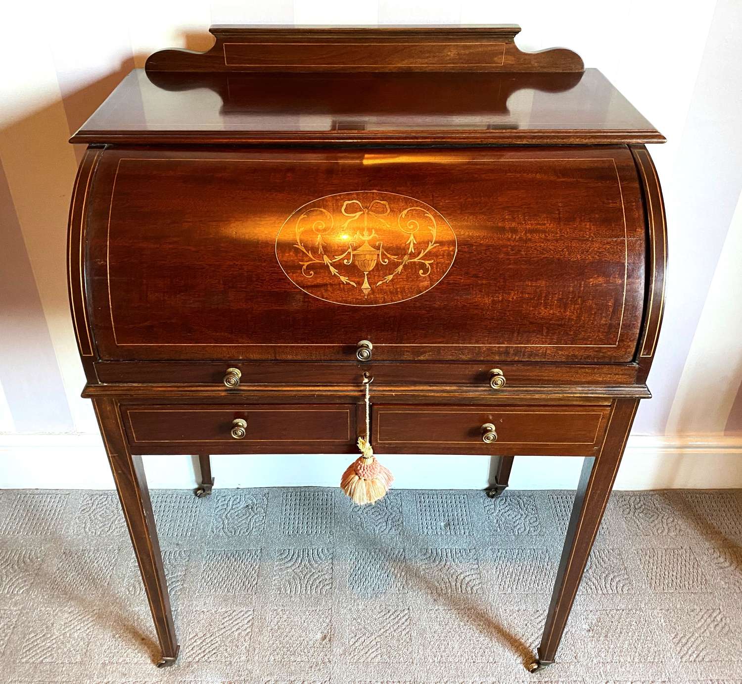 Superb Roll Top Writing Desk With Inlay