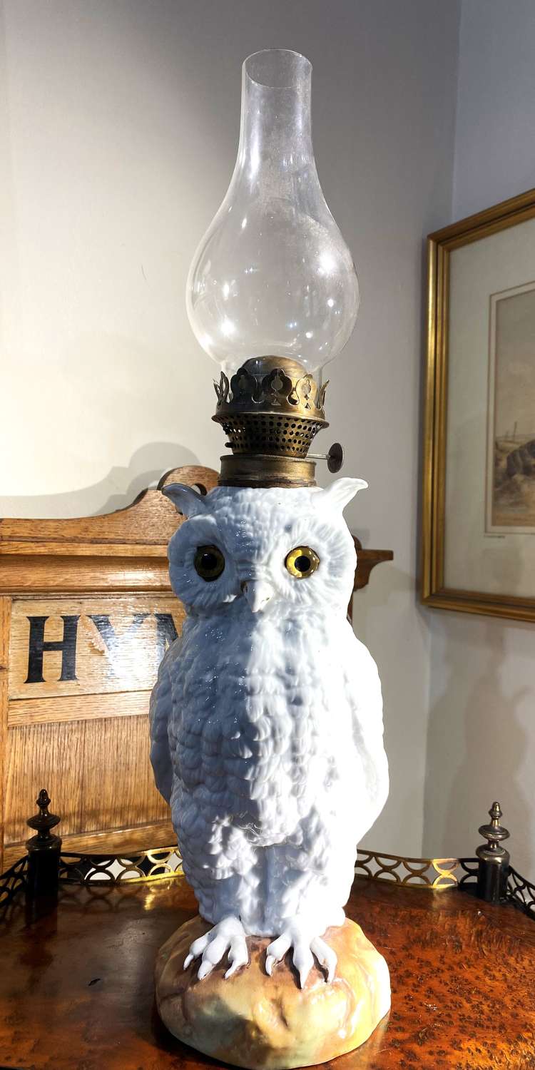 Victorian White Ceramic Owl Oil Lamp