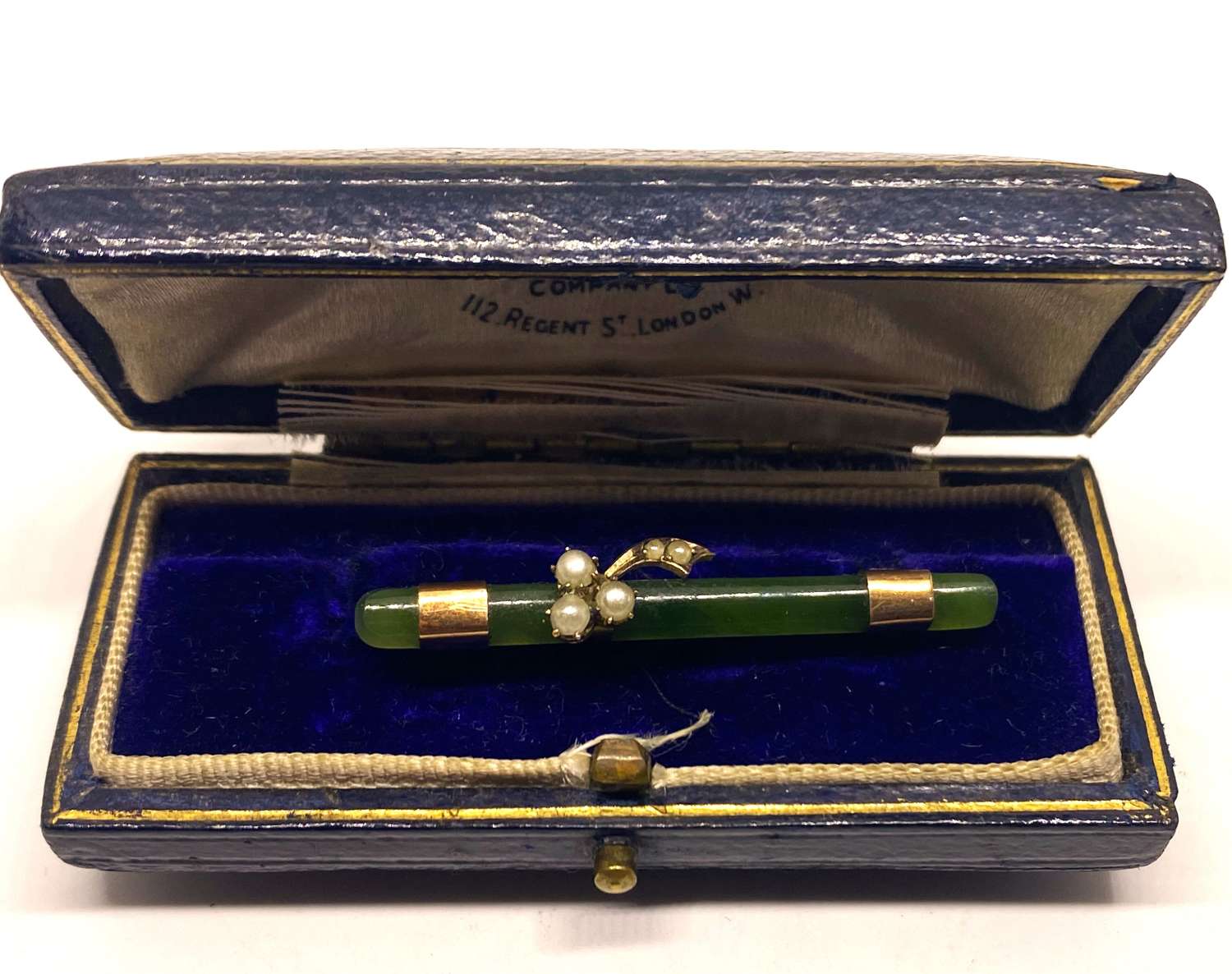 Victorian 9ct Gold Nephrite & Seed Pearl Bar Brooch