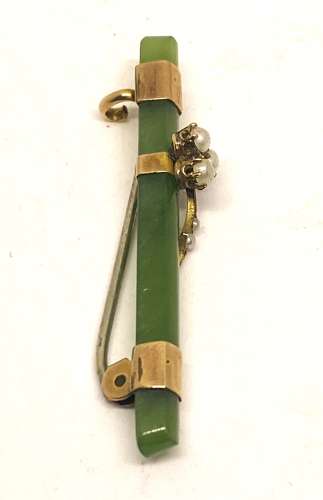 Victorian 9ct Gold Nephrite & Seed Pearl Bar Brooch