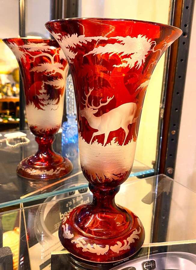 Antique Bohemian Red Glass Vase With Stags