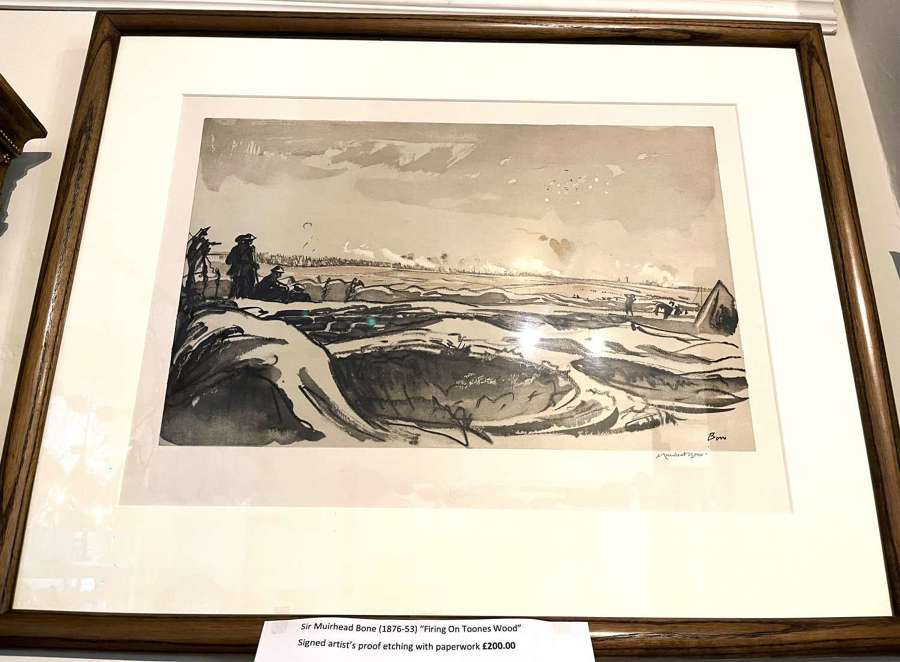 Muirhead Bone Etching "Watching Our Artillery Firing On Toones Wood"
