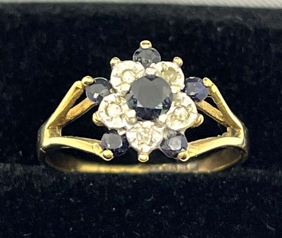 9ct Gold Sapphire & Diamond Double Starburst Ring