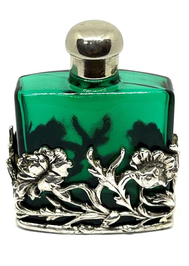 Green Glass Perfume Bottle With Metal Surround