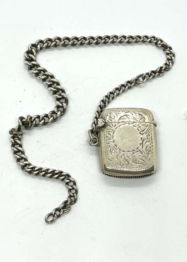 Antique Silver Vesta Case And Chain