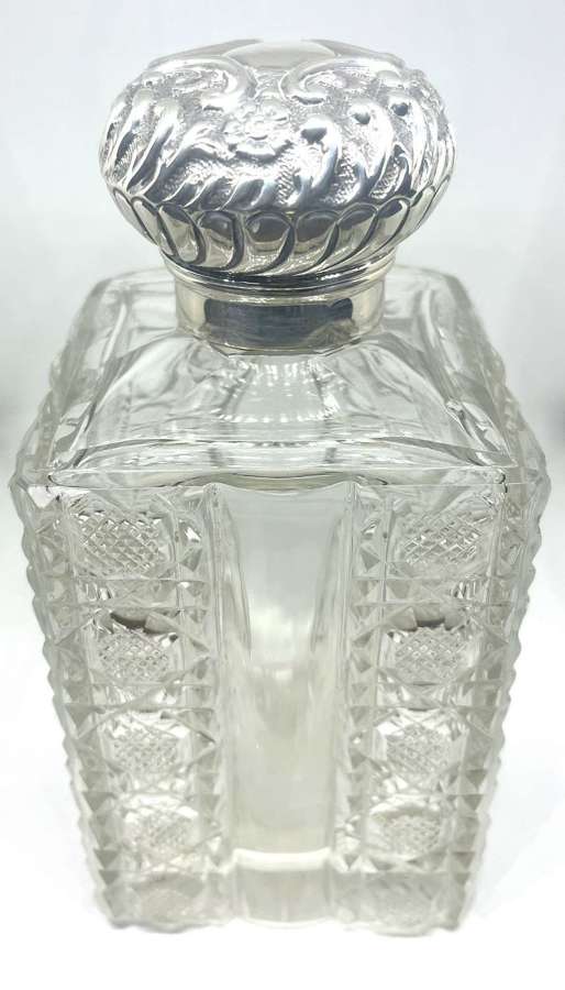 Large Cut Glass Cologne Bottle With Silver Top