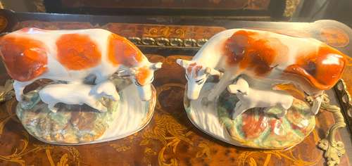 Pair 19thC Staffordshire Cow Figures