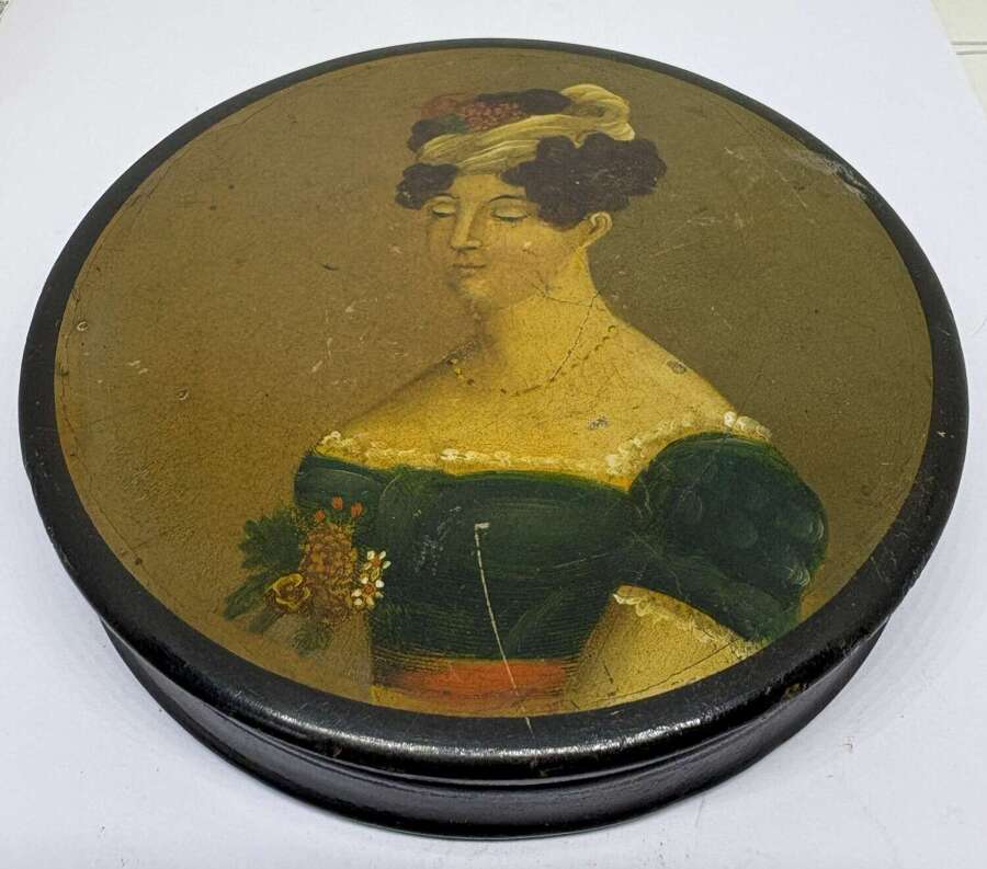 Fine Papier Mache Snuff Box With Painted Portrait