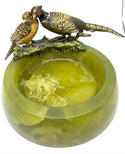 Quality Cold Painted Bronze Pheasants On Onyx Dish